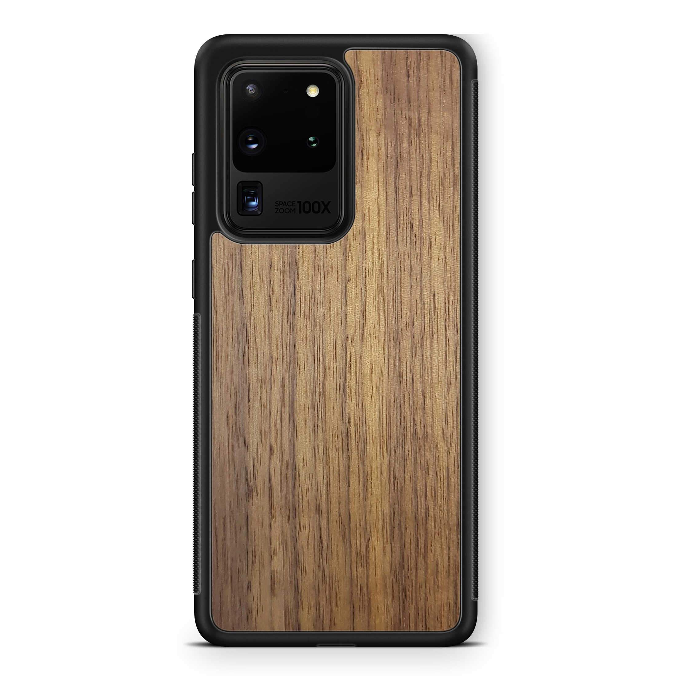 Handcrafted American Walnut phone case showcasing unique wood grain and elegant design, perfect for modern smartphones.