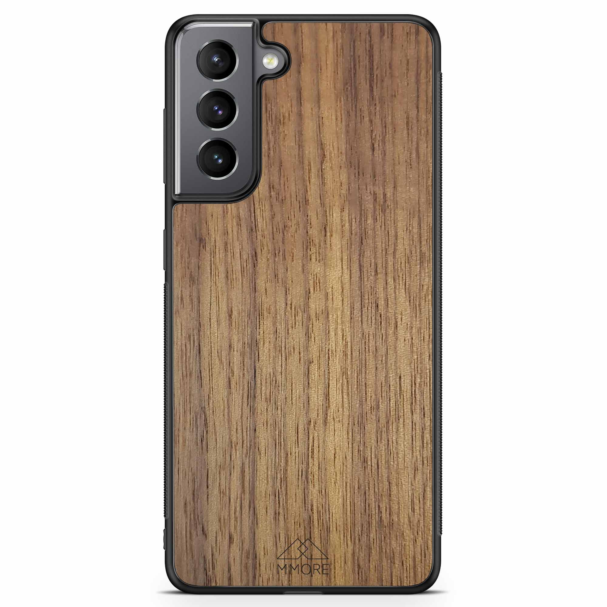 Handcrafted American Walnut phone case showcasing unique wood grain and elegant design, perfect for modern smartphones.
