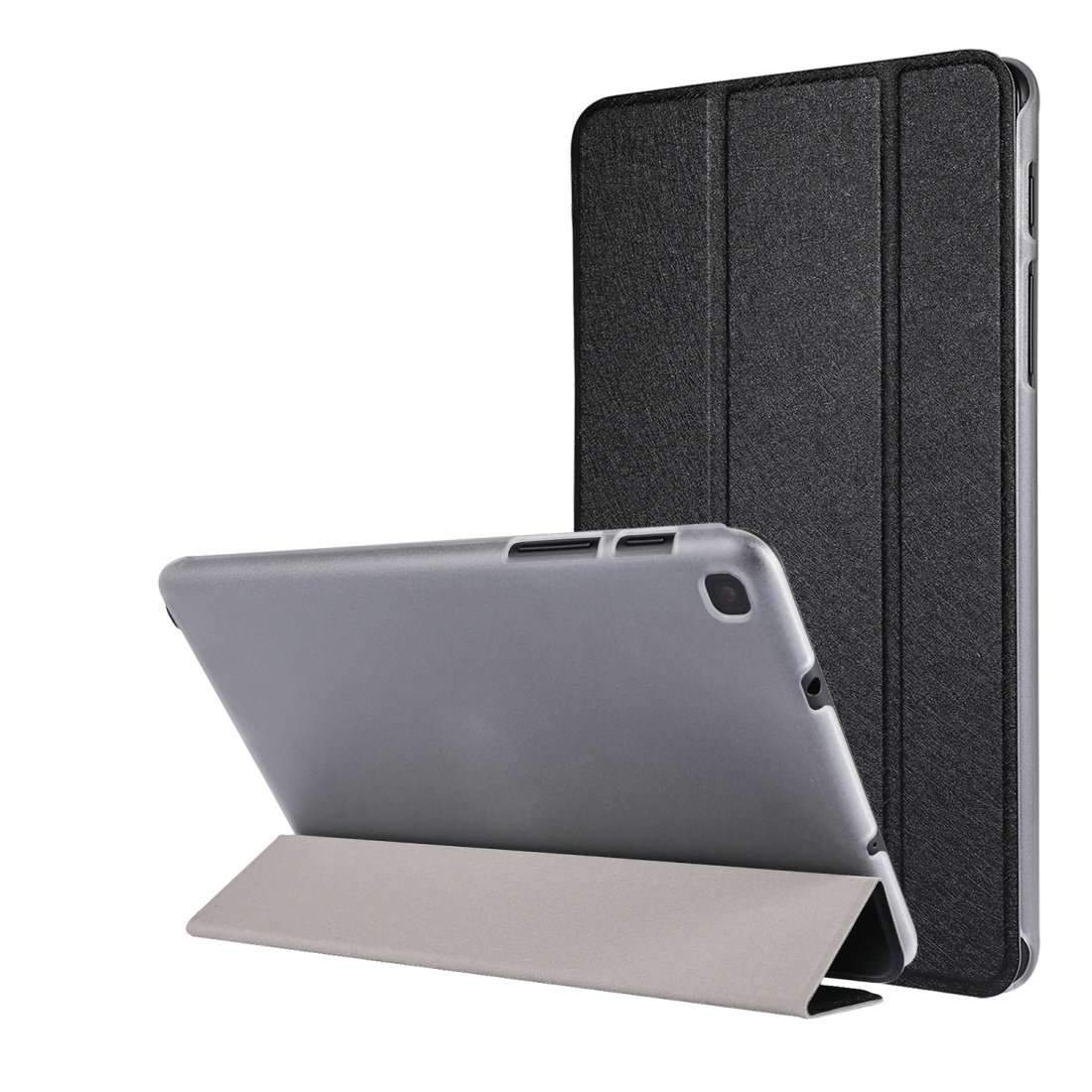 AMZER 3-Fold Silk Texture Flip Case in black for Samsung Galaxy Tab, showcasing its lightweight design and flip stand feature.