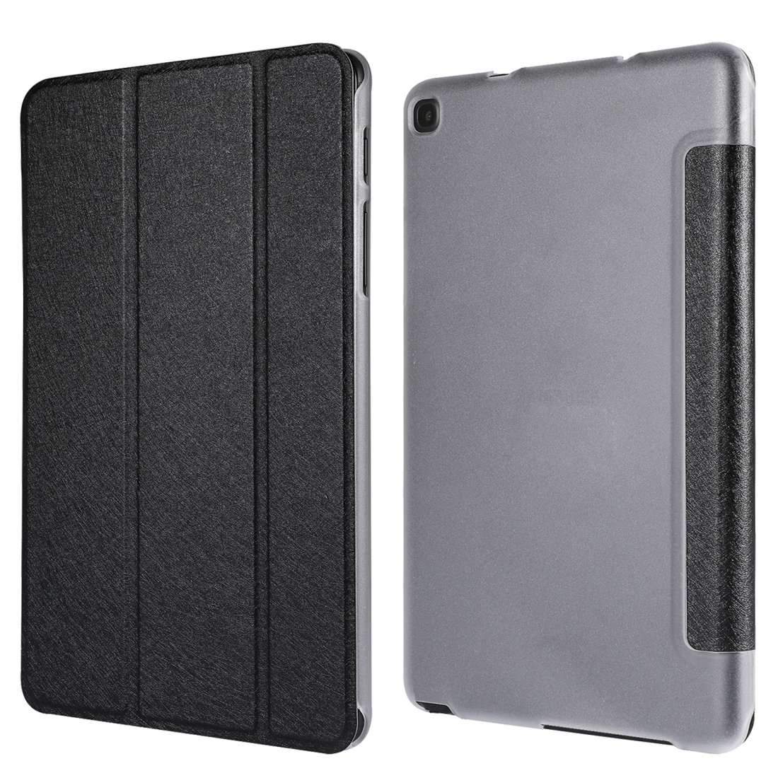 AMZER 3-Fold Silk Texture Flip Case in black for Samsung Galaxy Tab, showcasing its lightweight design and flip stand feature.