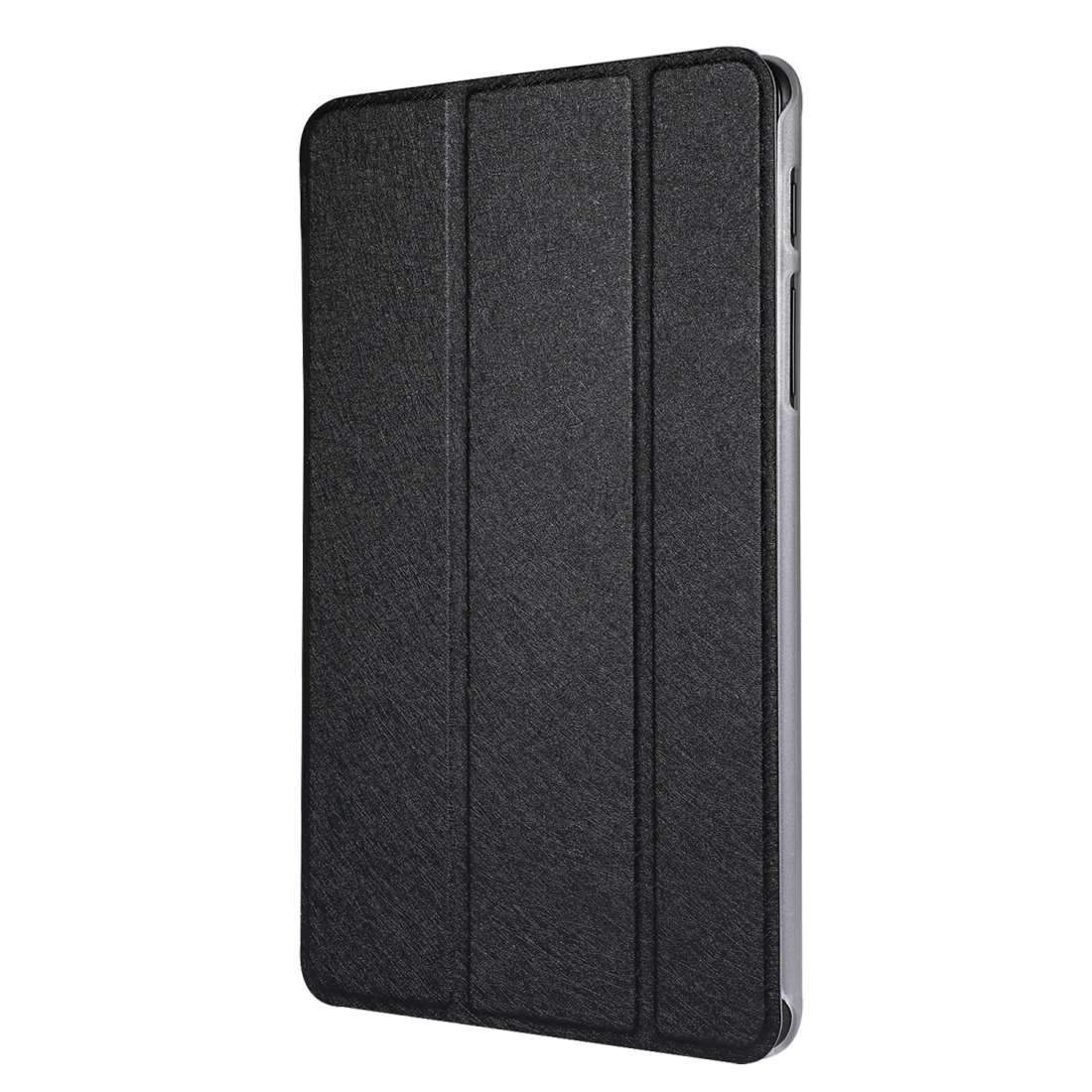 AMZER 3-Fold Silk Texture Flip Case in black for Samsung Galaxy Tab, showcasing its lightweight design and flip stand feature.