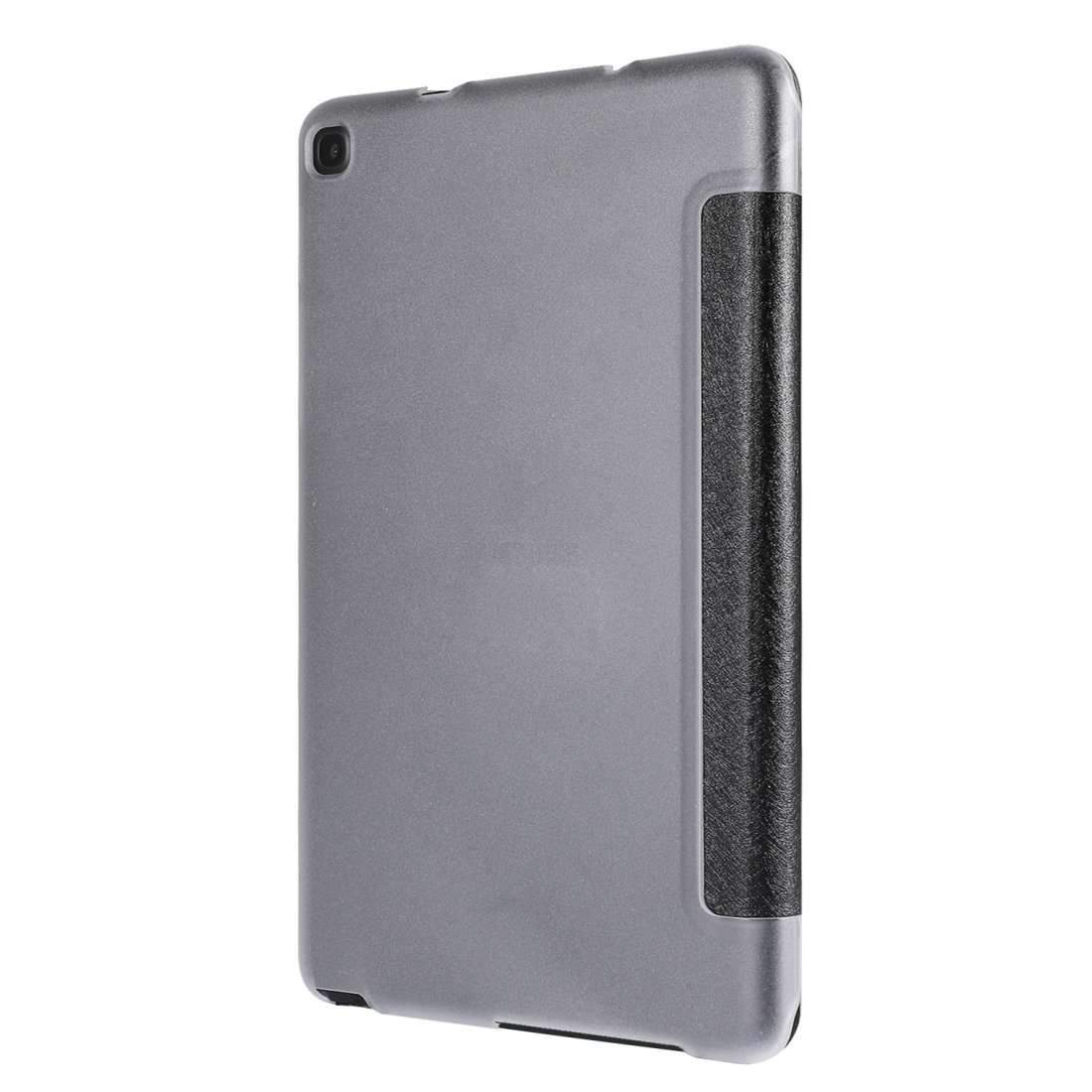 AMZER 3-Fold Silk Texture Flip Case in black for Samsung Galaxy Tab, showcasing its lightweight design and flip stand feature.