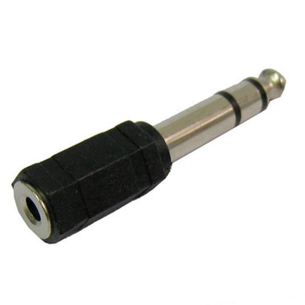 AMZER® 6.35mm Male to 3.5mm Female Stereo Jack Adapter in black, showcasing its compact design and connectors.