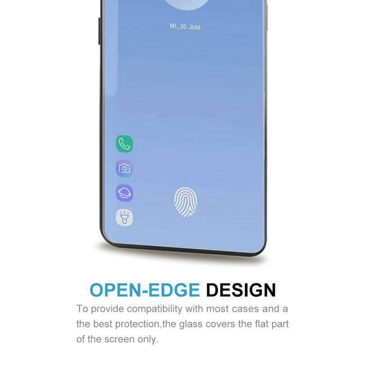 AMZER 9H 2.5D Case-friendly Tempered Glass Screen Protector for Samsung Galaxy S10+, showcasing its sleek design and protective features.