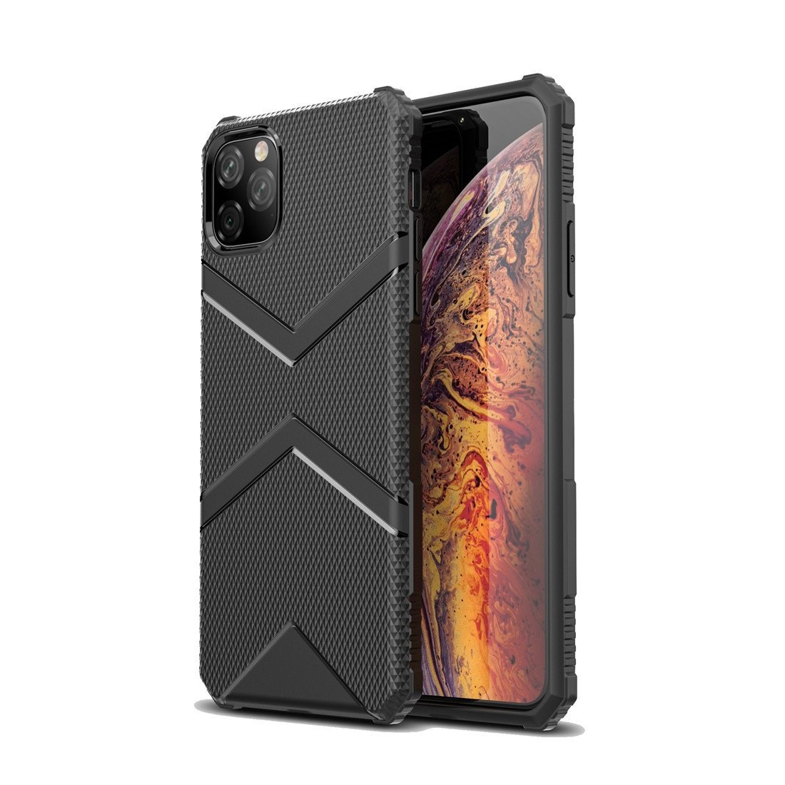 AMZER Diamond Design TPU Protective Case for iPhone 11 Pro in black, showcasing its elegant diamond texture and precise cutouts for buttons and ports.