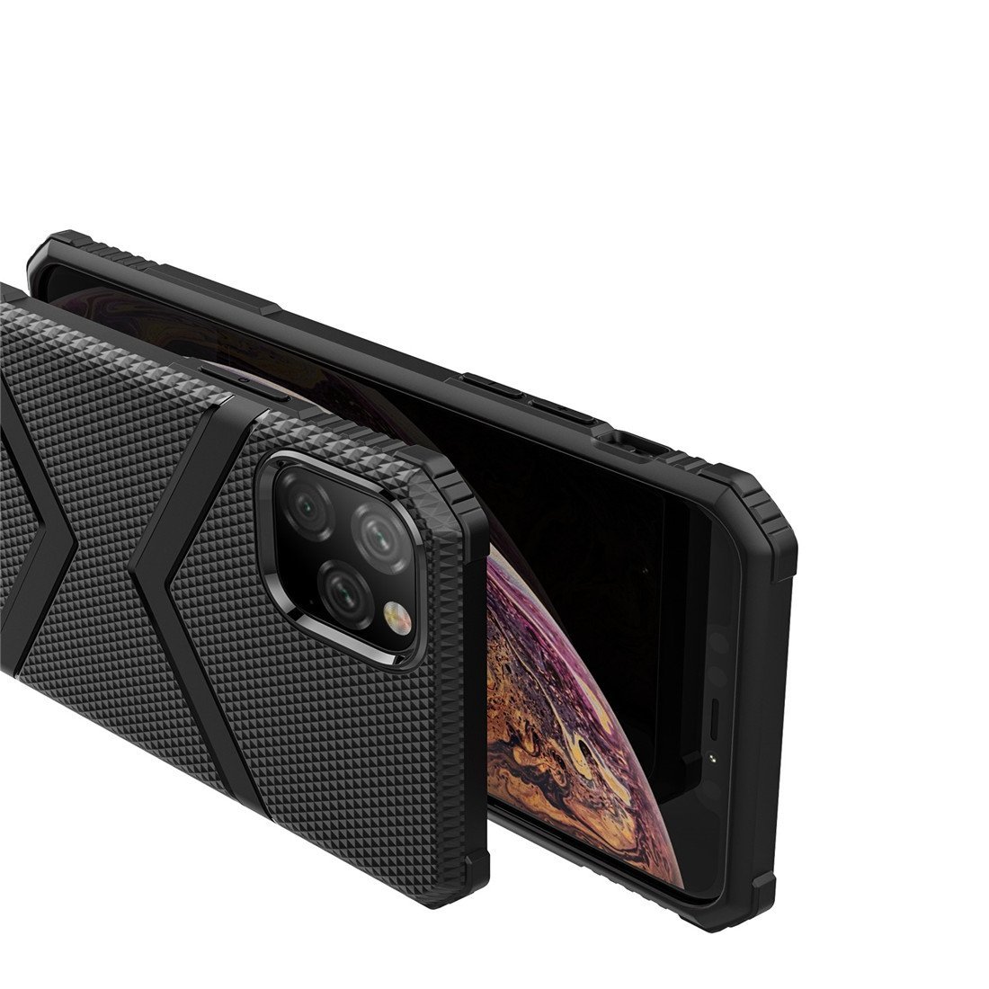 AMZER Diamond Design TPU Protective Case for iPhone 11 Pro in black, showcasing its elegant diamond texture and precise cutouts for buttons and ports.