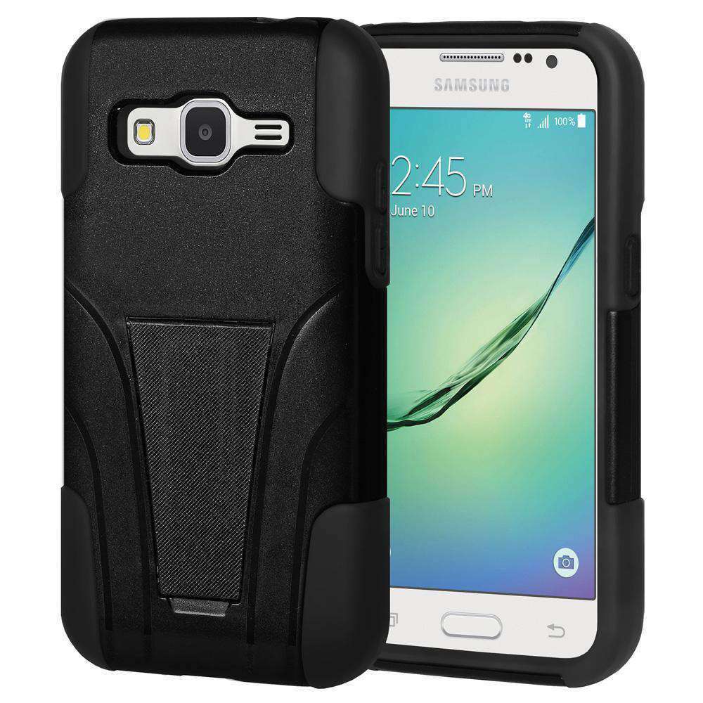 AMZER Double Layer Hybrid Kickstand Case for Samsung GALAXY Core Prime, showcasing its rugged design and built-in kickstand in black color.