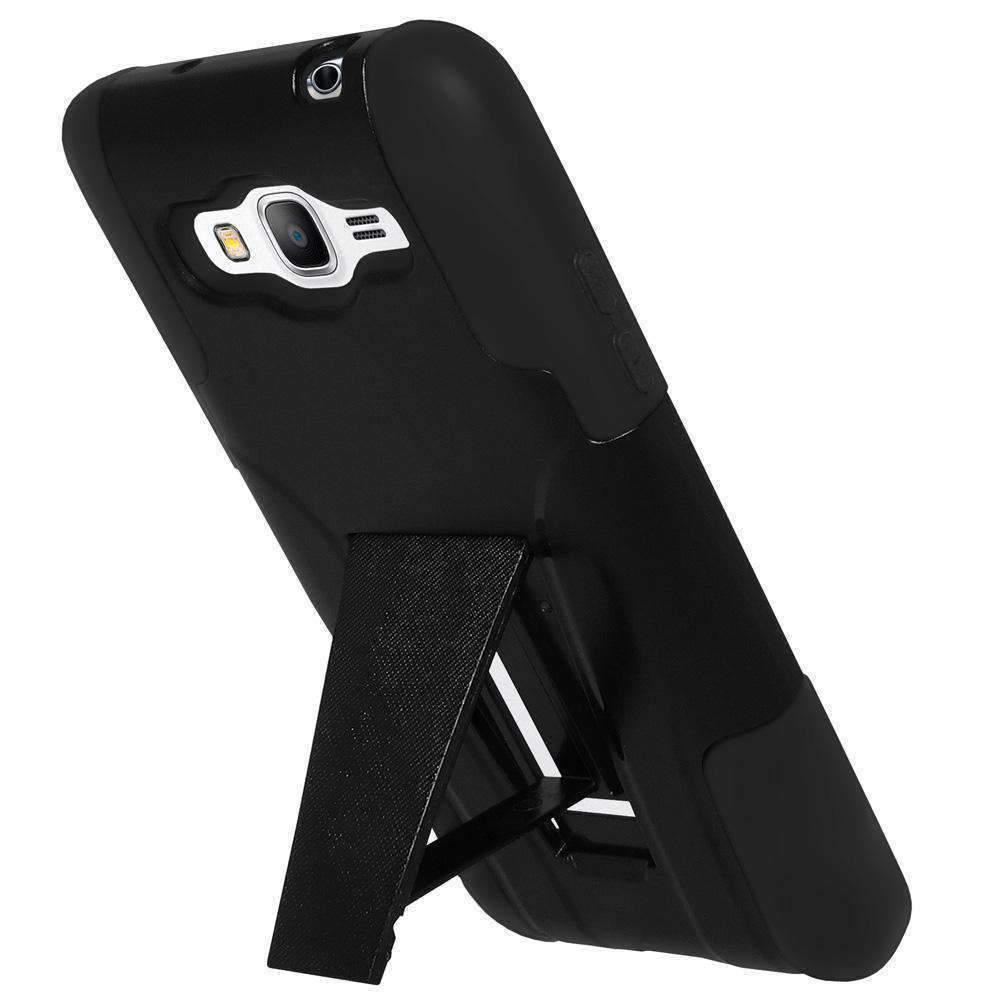 AMZER Double Layer Hybrid Kickstand Case for Samsung GALAXY Core Prime, showcasing its rugged design and built-in kickstand in black color.