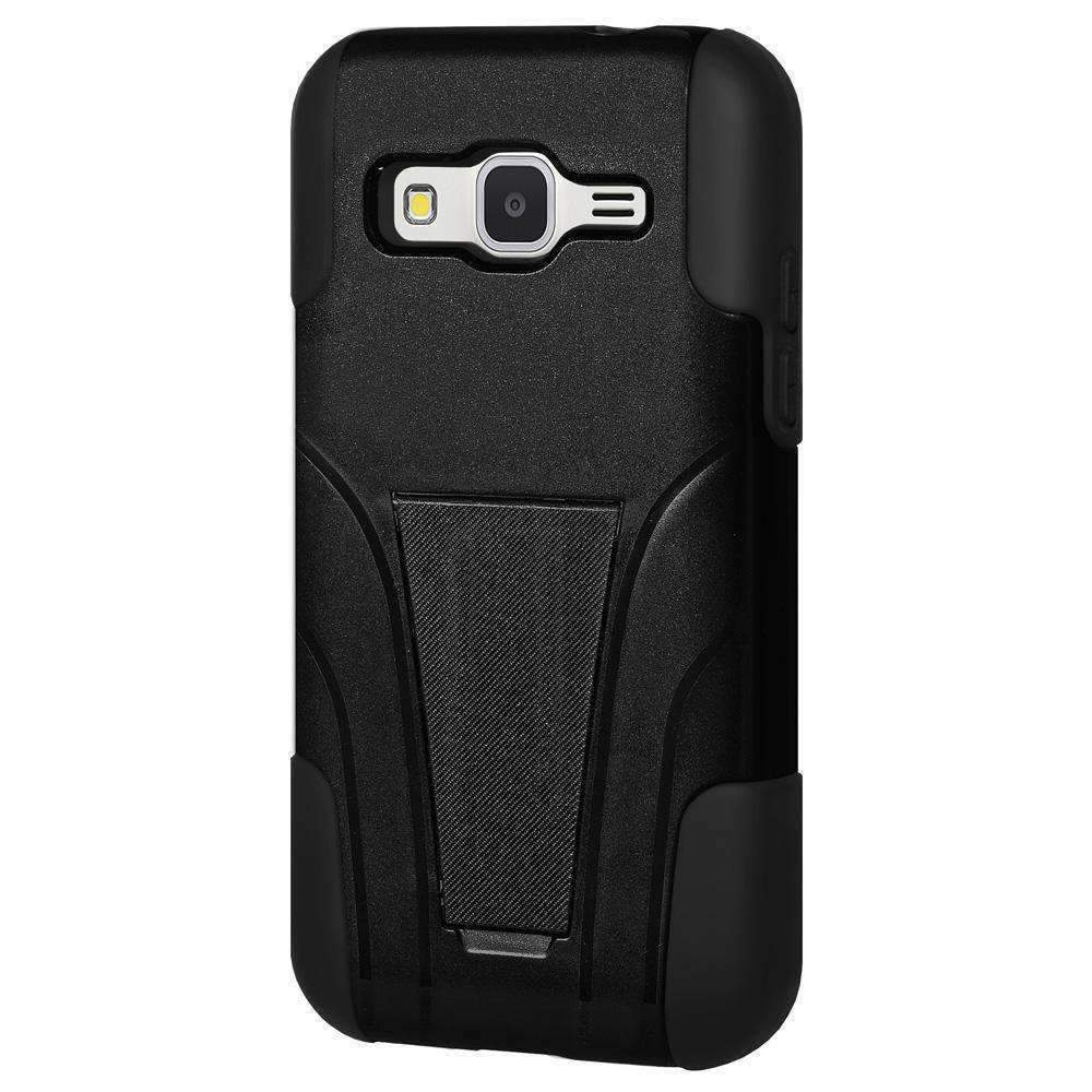 AMZER Double Layer Hybrid Kickstand Case for Samsung GALAXY Core Prime, showcasing its rugged design and built-in kickstand in black color.