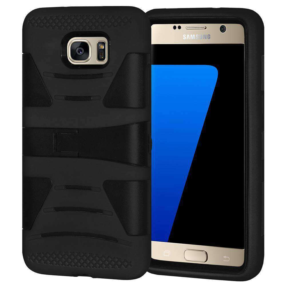 AMZER Dual Layer Hybrid KickStand Case for Samsung GALAXY S7 in black, showcasing its rugged design and built-in kickstand feature.