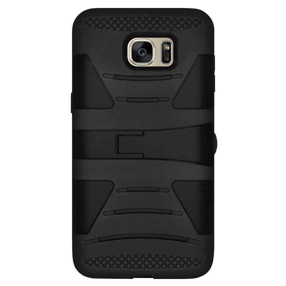 AMZER Dual Layer Hybrid KickStand Case for Samsung GALAXY S7 in black, showcasing its rugged design and built-in kickstand feature.