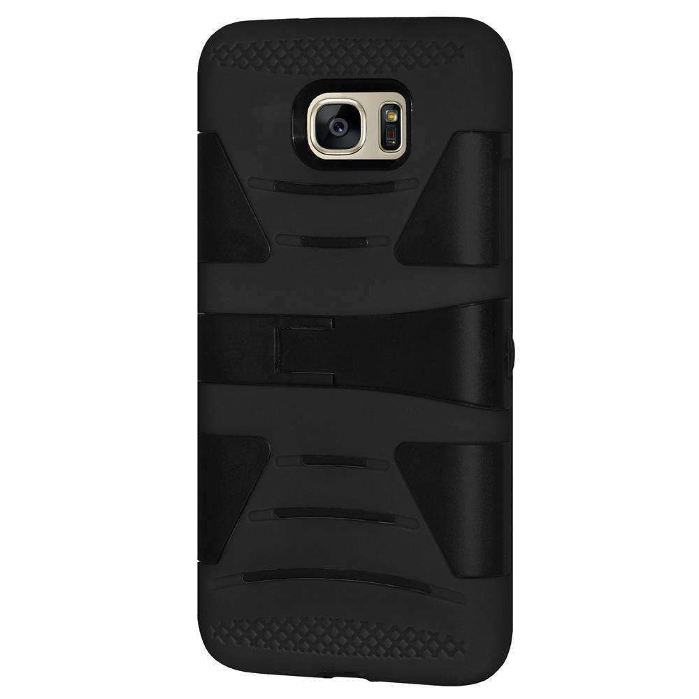 AMZER Dual Layer Hybrid KickStand Case for Samsung GALAXY S7 in black, showcasing its rugged design and built-in kickstand feature.