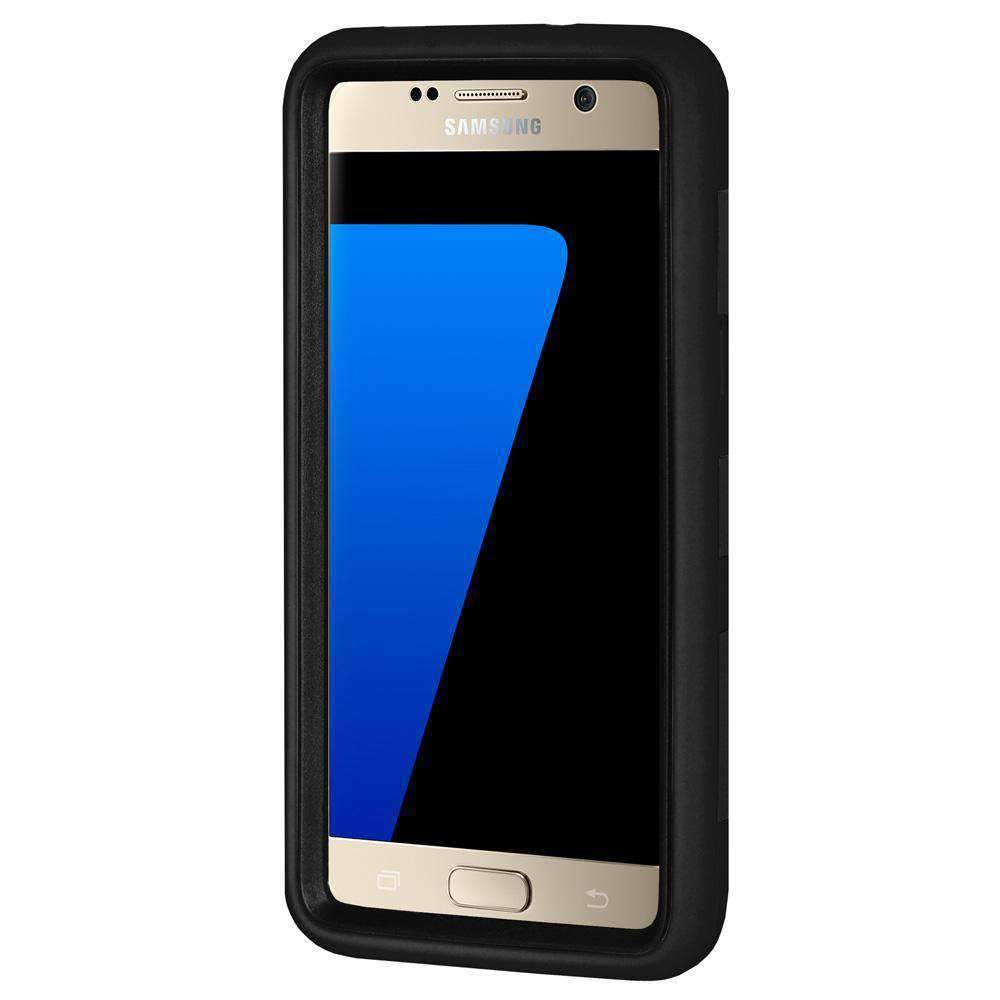 AMZER Dual Layer Hybrid KickStand Case for Samsung GALAXY S7 in black, showcasing its rugged design and built-in kickstand feature.