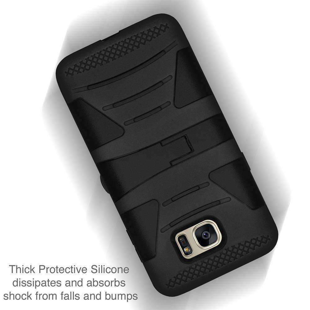 AMZER Dual Layer Hybrid KickStand Case for Samsung GALAXY S7 in black, showcasing its rugged design and built-in kickstand feature.
