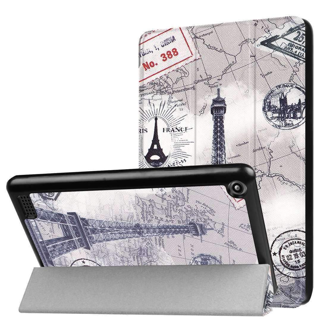 AMZER Flip Leather Case for tablet, showcasing a sleek design with a three-folding holder and sleep/wake functionality.