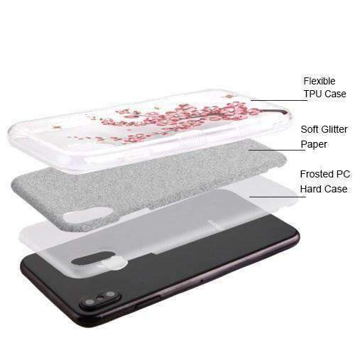 AMZER® Full Glitter Hybrid Protector Cover for iPhone Xs Max showcasing a sparkling design with a flexible TPU outer shell and transparent hard PC inner shell.