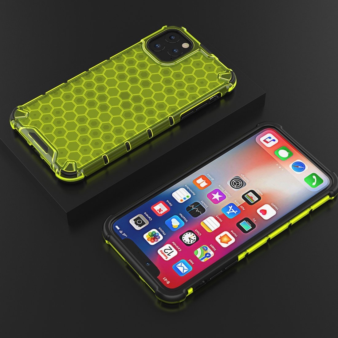 AMZER Honeycomb SlimGrip Hybrid Bumper Case for iPhone XIR in various colors showcasing its stylish honeycomb design and dual-layer protection.