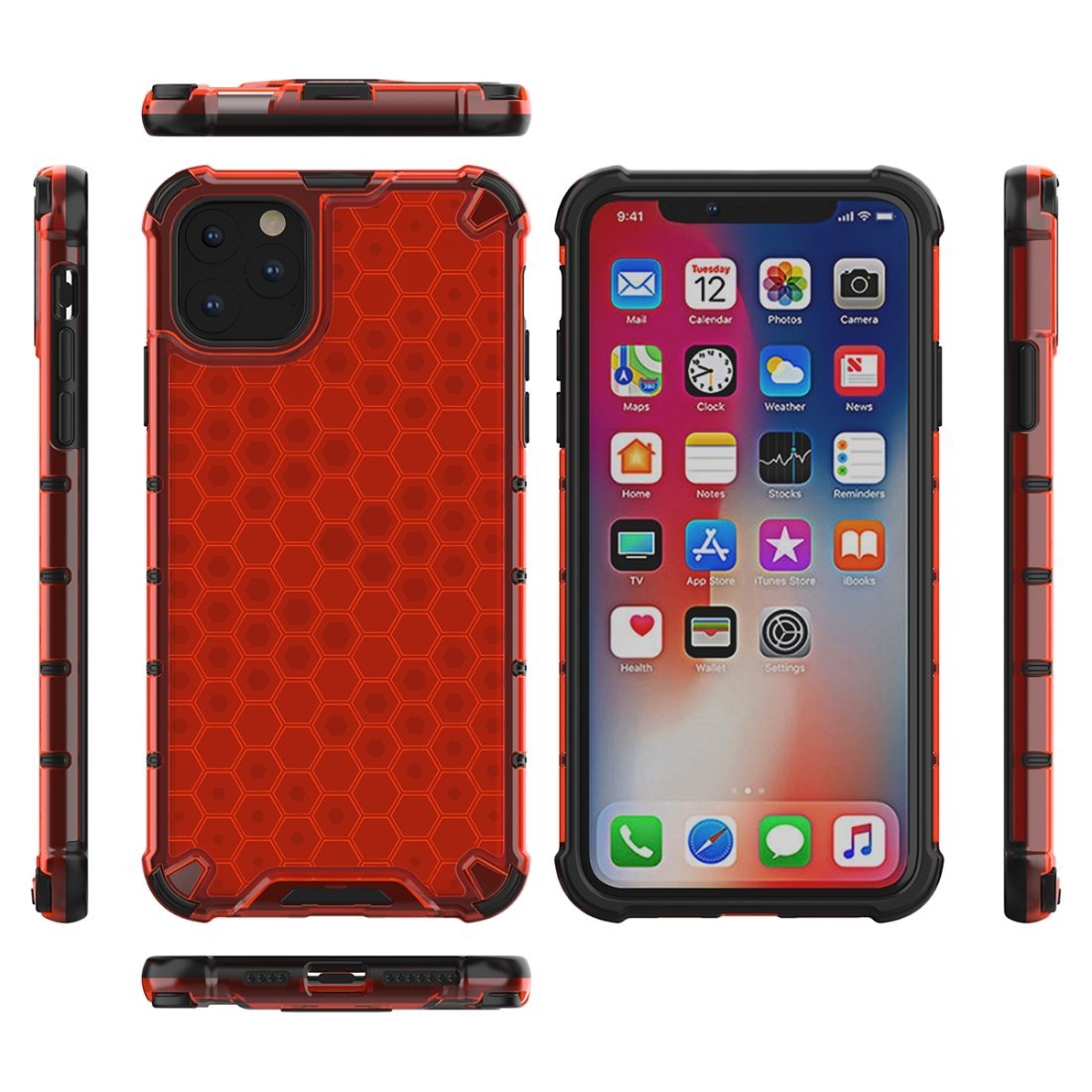 AMZER Honeycomb SlimGrip Hybrid Bumper Case for iPhone XI Max in various colors, showcasing its stylish honeycomb design and dual-layer protection.