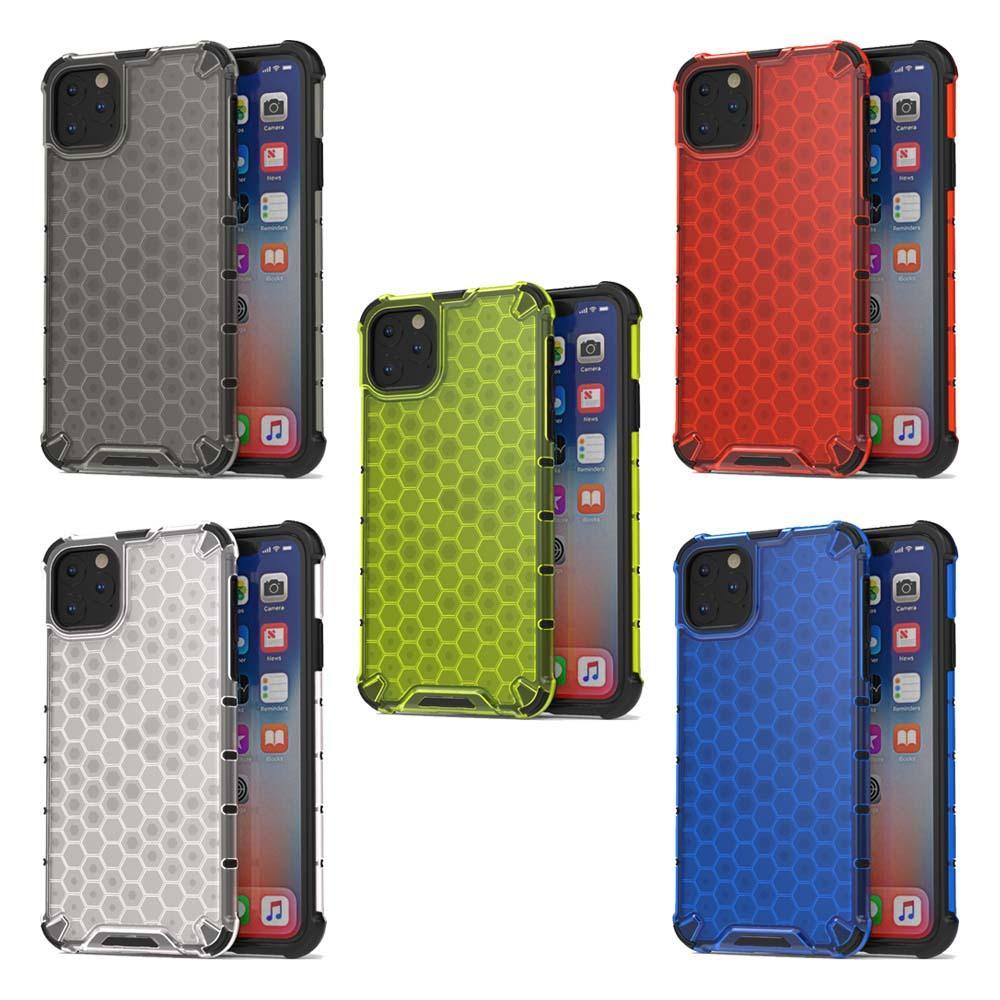 AMZER Honeycomb SlimGrip Hybrid Bumper Case for iPhone XI Max in various colors, showcasing its stylish honeycomb design and dual-layer protection.