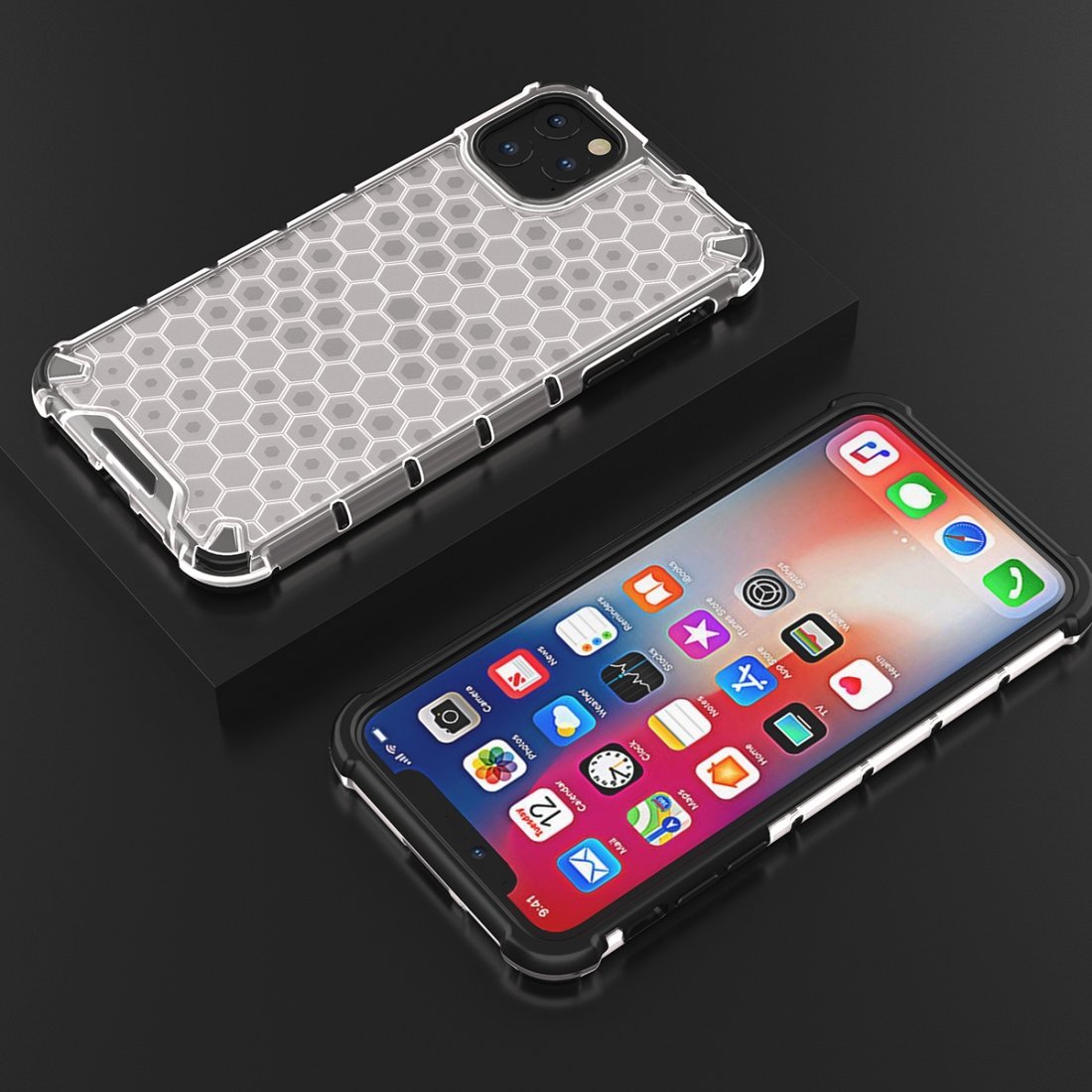 AMZER Honeycomb SlimGrip Hybrid Bumper Case for iPhone XI Max in various colors, showcasing its stylish honeycomb design and dual-layer protection.