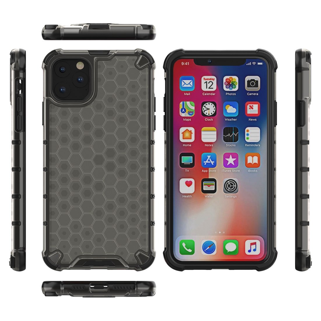 AMZER Honeycomb SlimGrip Hybrid Bumper Case for iPhone XI Max in various colors, showcasing its stylish honeycomb design and dual-layer protection.