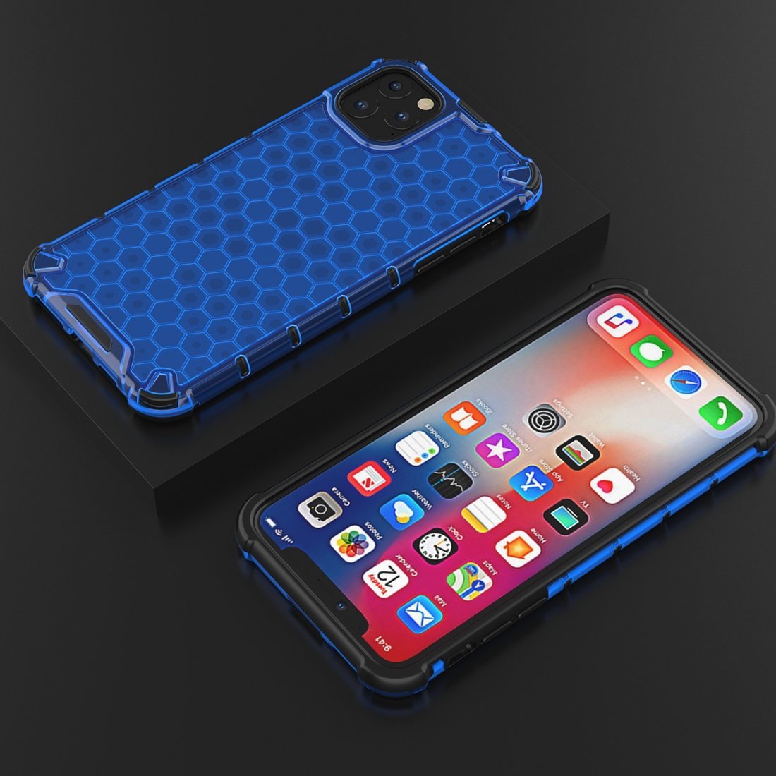 AMZER Honeycomb SlimGrip Hybrid Bumper Case for iPhone XI Max in various colors, showcasing its stylish honeycomb design and dual-layer protection.