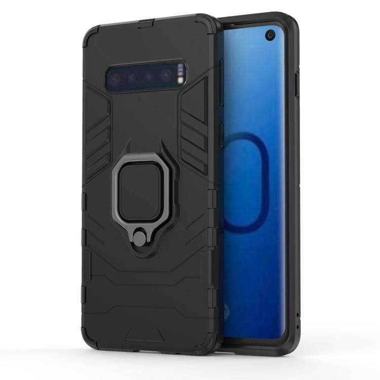AMZER Hybrid PC+TPU Protective Case for Samsung Galaxy S10 with a magnetic ring holder, showcasing its sleek black design and durable materials.