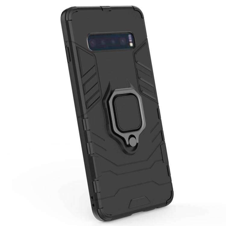 AMZER Hybrid PC+TPU Protective Case for Samsung Galaxy S10 with a magnetic ring holder, showcasing its sleek black design and durable materials.