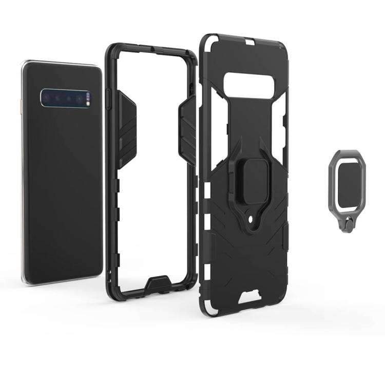 AMZER Hybrid PC+TPU Protective Case for Samsung Galaxy S10 with a magnetic ring holder, showcasing its sleek black design and durable materials.