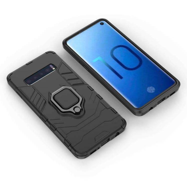 AMZER Hybrid PC+TPU Protective Case for Samsung Galaxy S10 with a magnetic ring holder, showcasing its sleek black design and durable materials.
