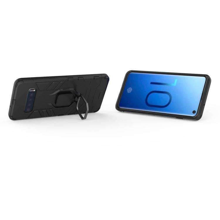 AMZER Hybrid PC+TPU Protective Case for Samsung Galaxy S10 with a magnetic ring holder, showcasing its sleek black design and durable materials.