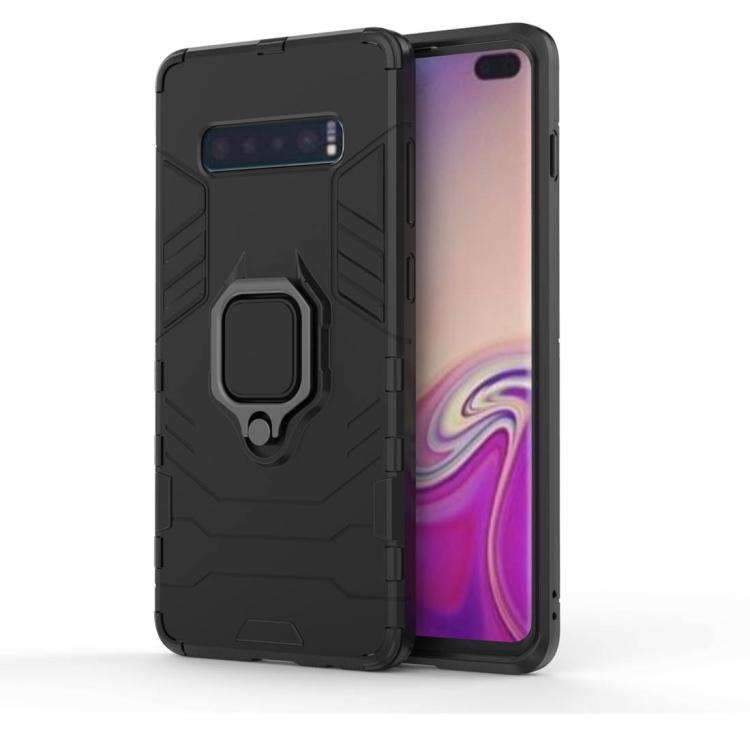 AMZER Hybrid PC+TPU Protective Case for Samsung Galaxy S10 with a magnetic ring holder, showcasing its sleek black design and durable materials.