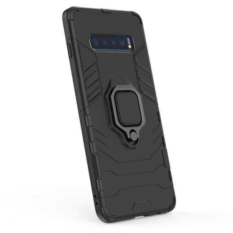 AMZER Hybrid PC+TPU Protective Case for Samsung Galaxy S10 with a magnetic ring holder, showcasing its sleek black design and durable materials.