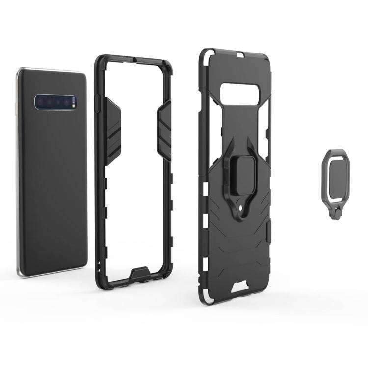 AMZER Hybrid PC+TPU Protective Case for Samsung Galaxy S10 with a magnetic ring holder, showcasing its sleek black design and durable materials.