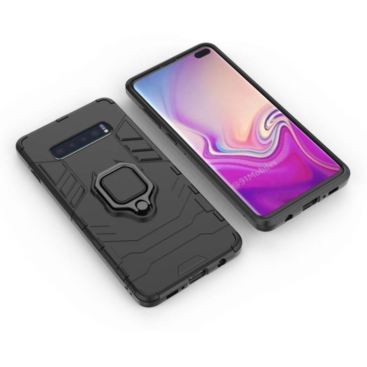 AMZER Hybrid PC+TPU Protective Case for Samsung Galaxy S10 with a magnetic ring holder, showcasing its sleek black design and durable materials.