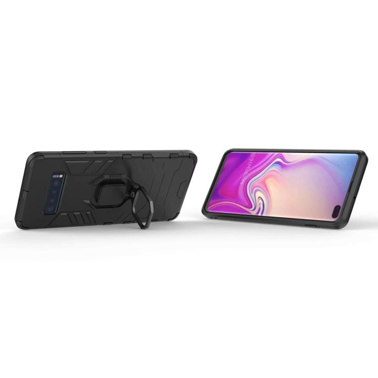 AMZER Hybrid PC+TPU Protective Case for Samsung Galaxy S10 with a magnetic ring holder, showcasing its sleek black design and durable materials.