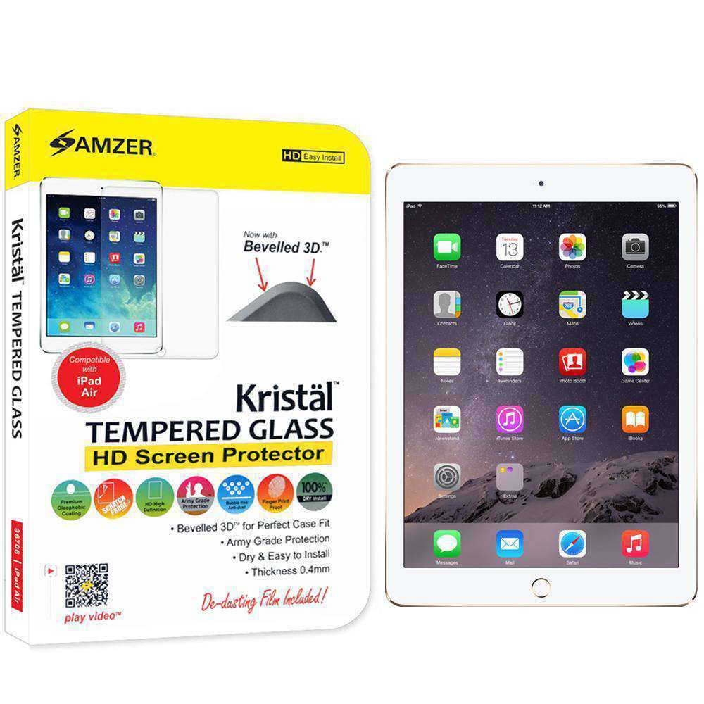 AMZER Kristal Tempered Glass HD Screen Protector for the new 9.7 iPad, showcasing its sleek design and protective features.