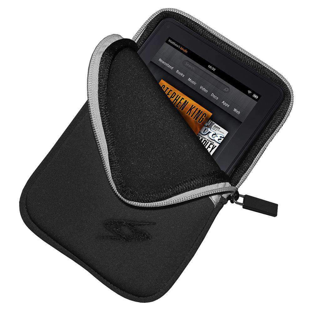 Amzer Neoprene Sleeve in black, designed for Kindle Fire and other tablets, featuring an external pocket for accessories.