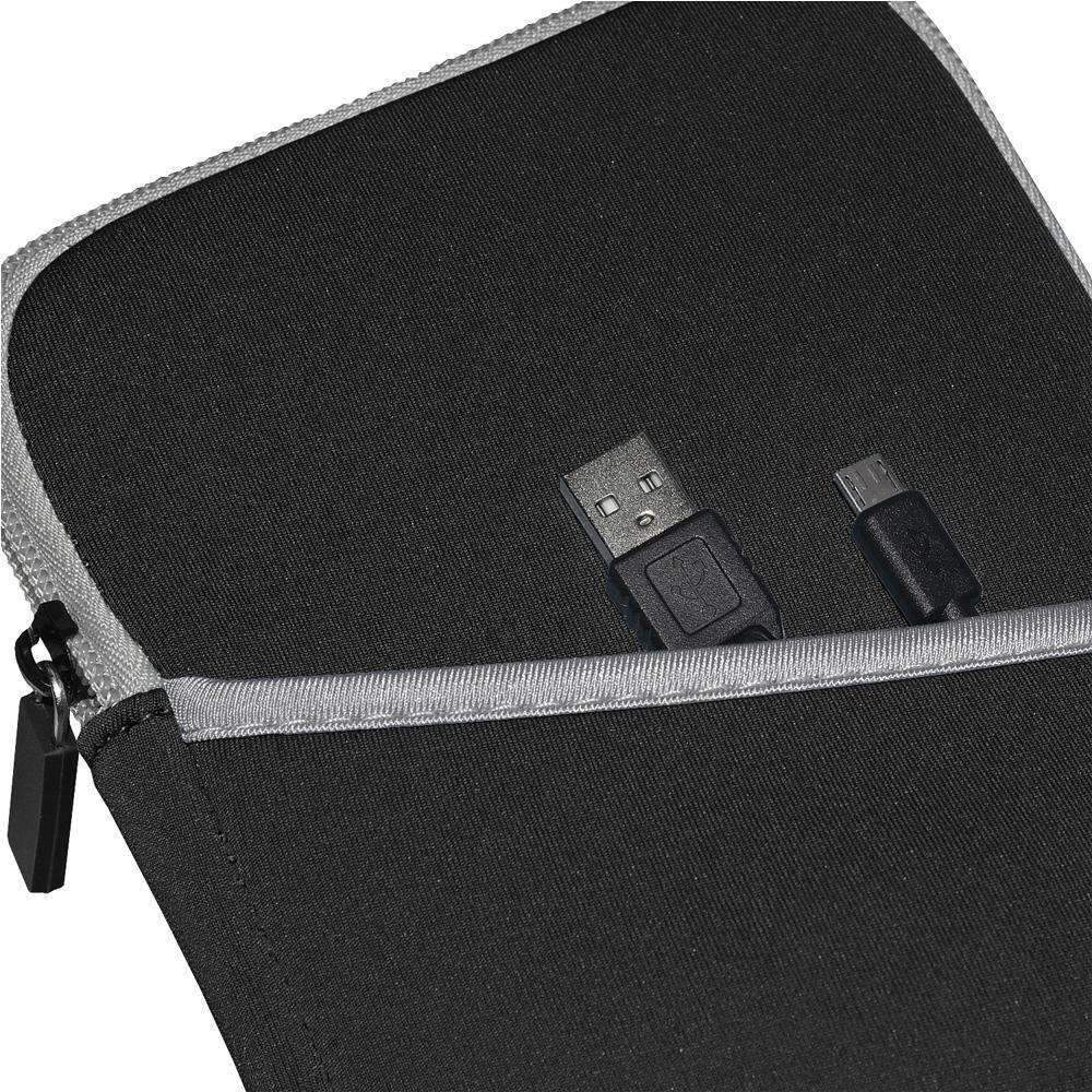 Amzer Neoprene Sleeve in black, designed for Kindle Fire and other tablets, featuring an external pocket for accessories.