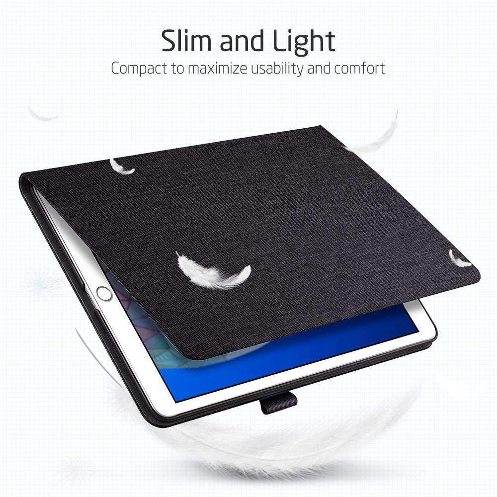 AMZER PU Leather Case for iPad Air 10.5 in black, showcasing its slim design and auto sleep/wake function.