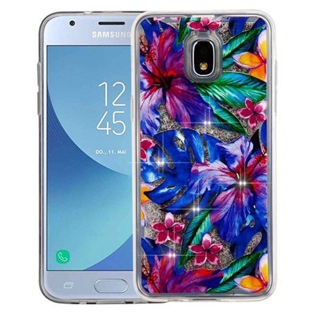 AMZER Quicksand Glitter Hybrid Protector Cover for Samsung Galaxy J3 with glitter and floating stars in a clear liquid case.