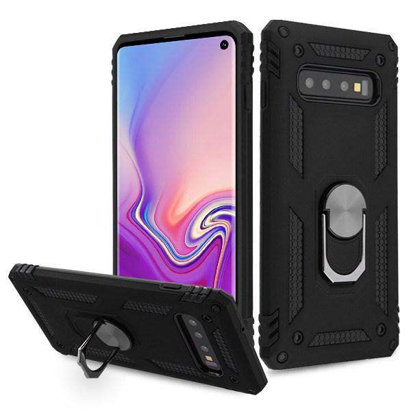 AMZER Sainik Case for Samsung Galaxy S10 with 360° magnetic ring holder, showcasing its sleek black design and protective features.