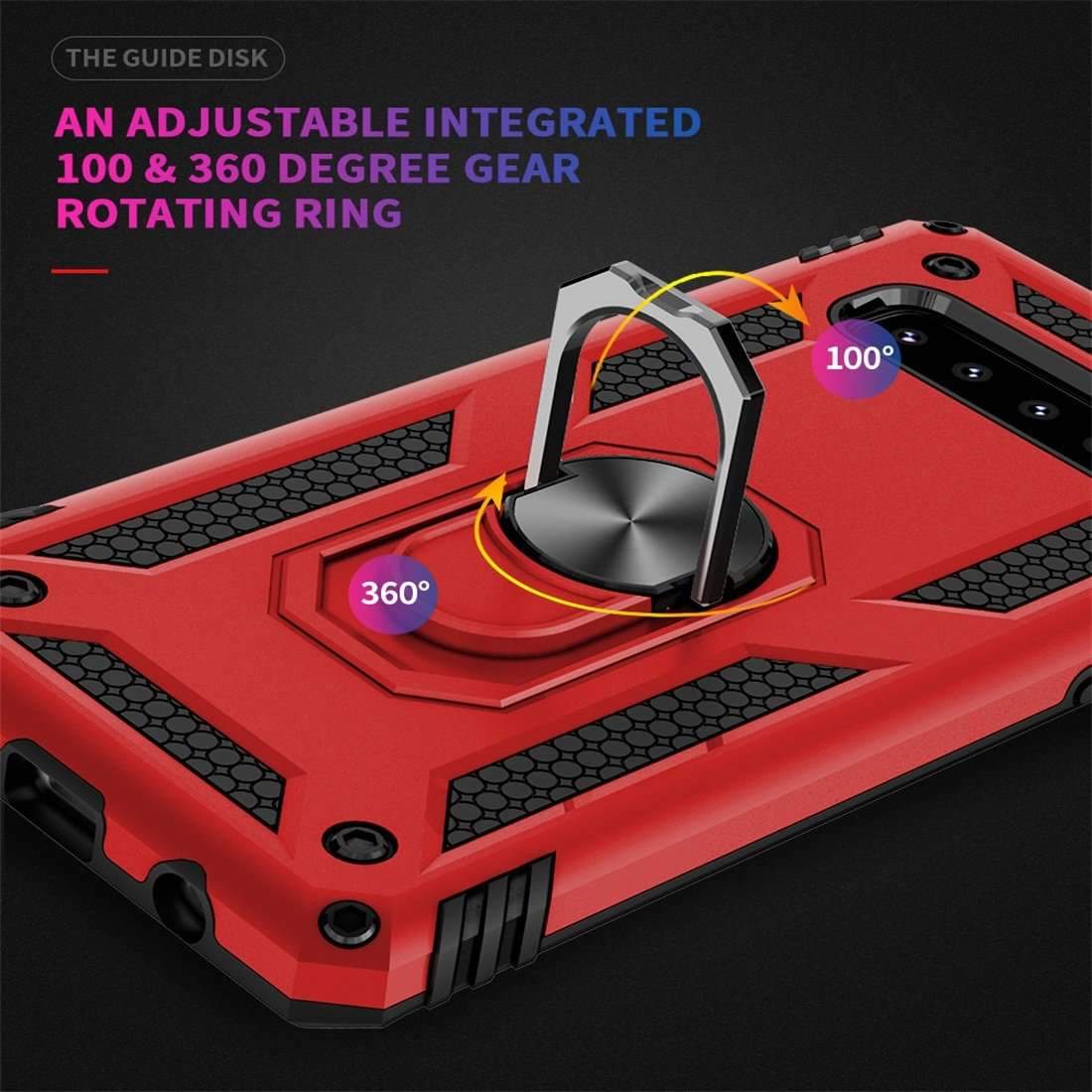 AMZER Sainik Case for Samsung Galaxy S10 with 360° magnetic ring holder, showcasing its sleek black design and protective features.