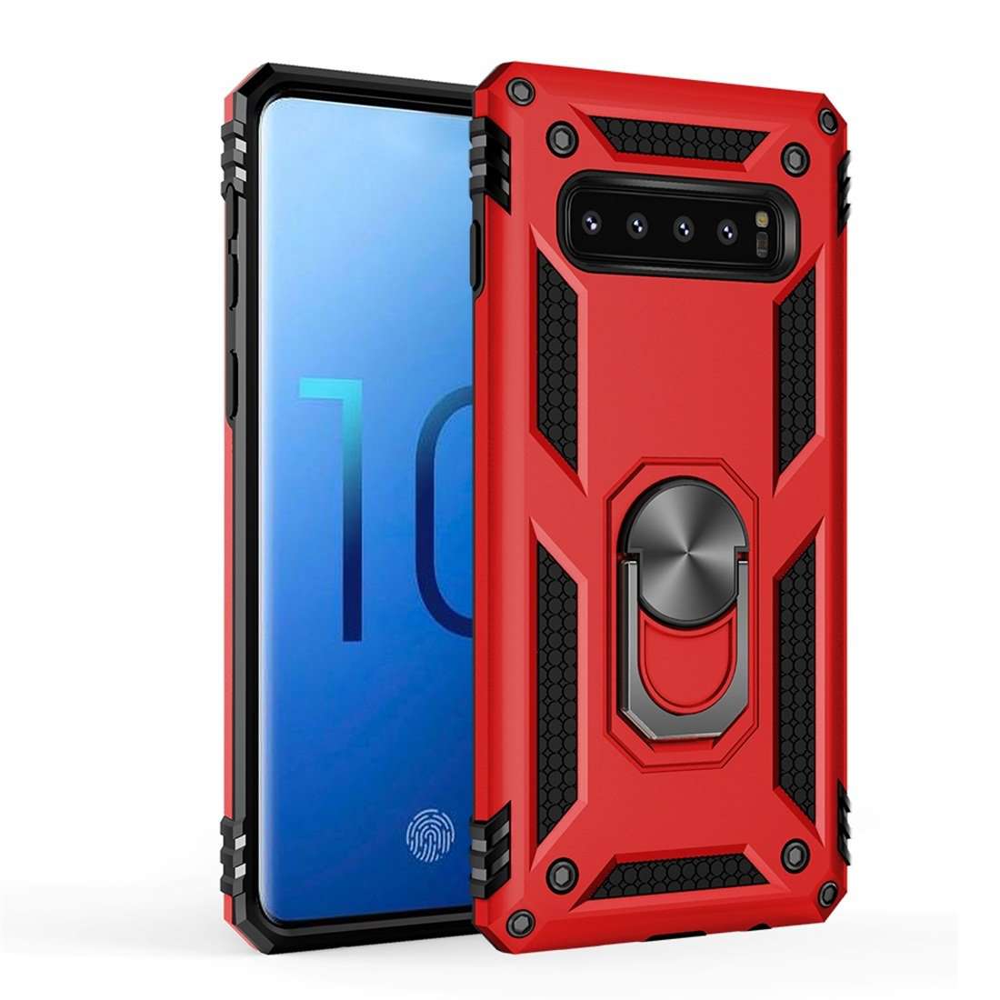 AMZER Sainik Case for Samsung Galaxy S10 with 360° magnetic ring holder, showcasing its sleek black design and protective features.