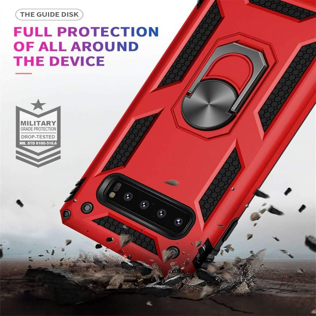 AMZER Sainik Case for Samsung Galaxy S10 with 360° magnetic ring holder, showcasing its sleek black design and protective features.