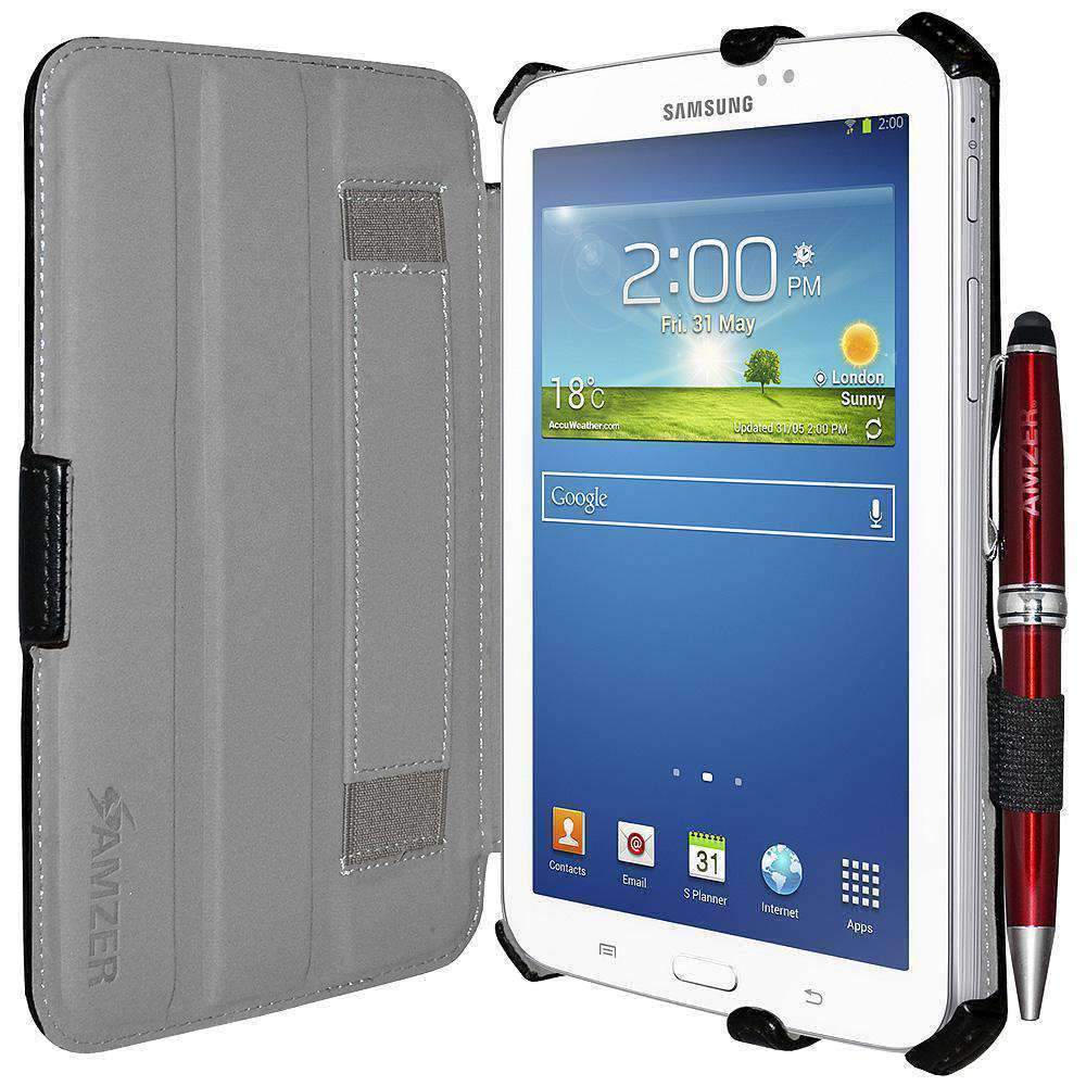 AMZER Shell Portfolio Case in black leather texture for Samsung Galaxy Tab 3, showcasing its stylish design and functional features.