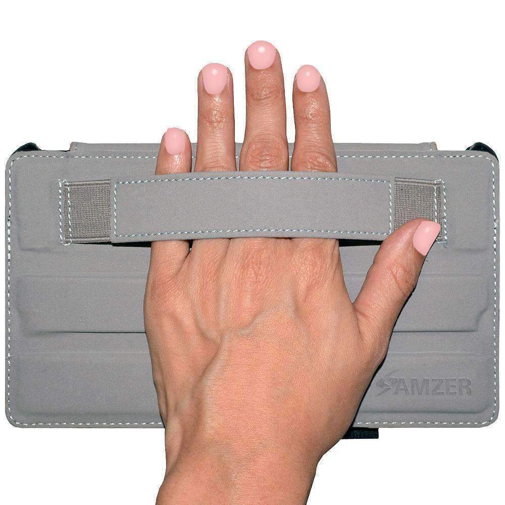 AMZER Shell Portfolio Case in black leather texture for Samsung Galaxy Tab 3, showcasing its stylish design and functional features.