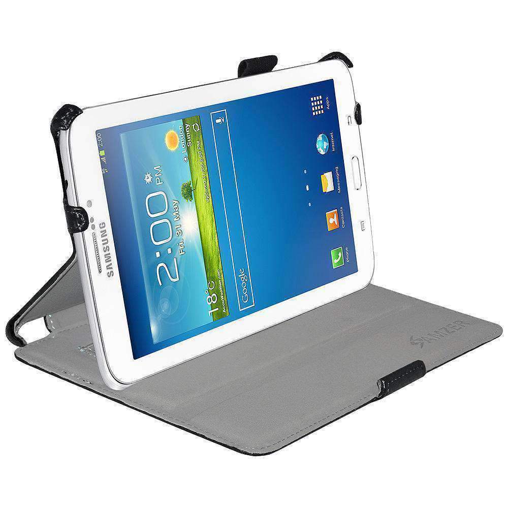 AMZER Shell Portfolio Case in black leather texture for Samsung Galaxy Tab 3, showcasing its stylish design and functional features.