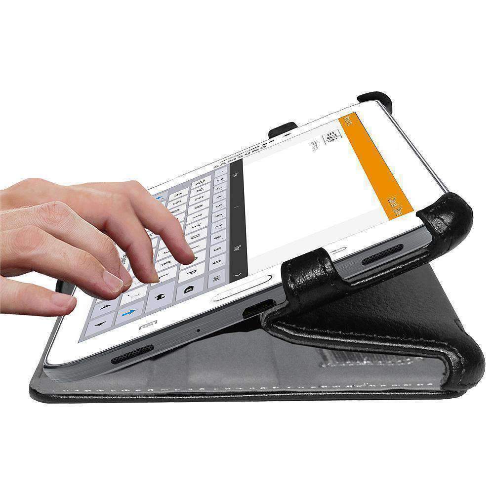 AMZER Shell Portfolio Case in black leather texture for Samsung Galaxy Tab 3, showcasing its stylish design and functional features.