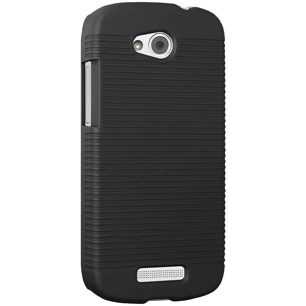 AMZER Shellster Hard Case with Belt Clip Holster for HTC One VX, showcasing its impact-resistant design and soft fabric lining.